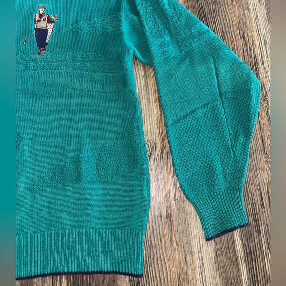 Vtg Winona Knits Embossed Golf Sweater M Teal V-Neck Pullover Embroidered Preppy - Picture 10 of 12